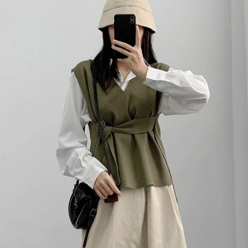 

Women's Autumn/Spring Top Two-Piece Vest Sweater Knitted Waistcoat Tie Shirt Comfortable Casual Design Fashion Niche Versatile