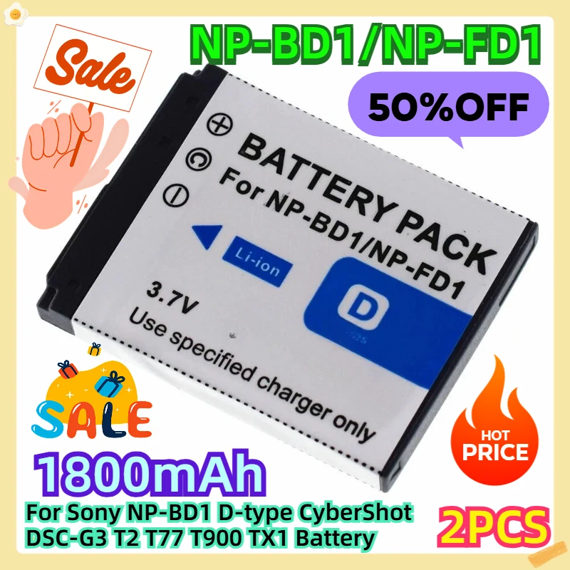 

NP-BD1 1800mAh 2pcs For Sony NP-BD1 D-type CyberShot DSC-G3 T2 T77 T900 TX1 Battery