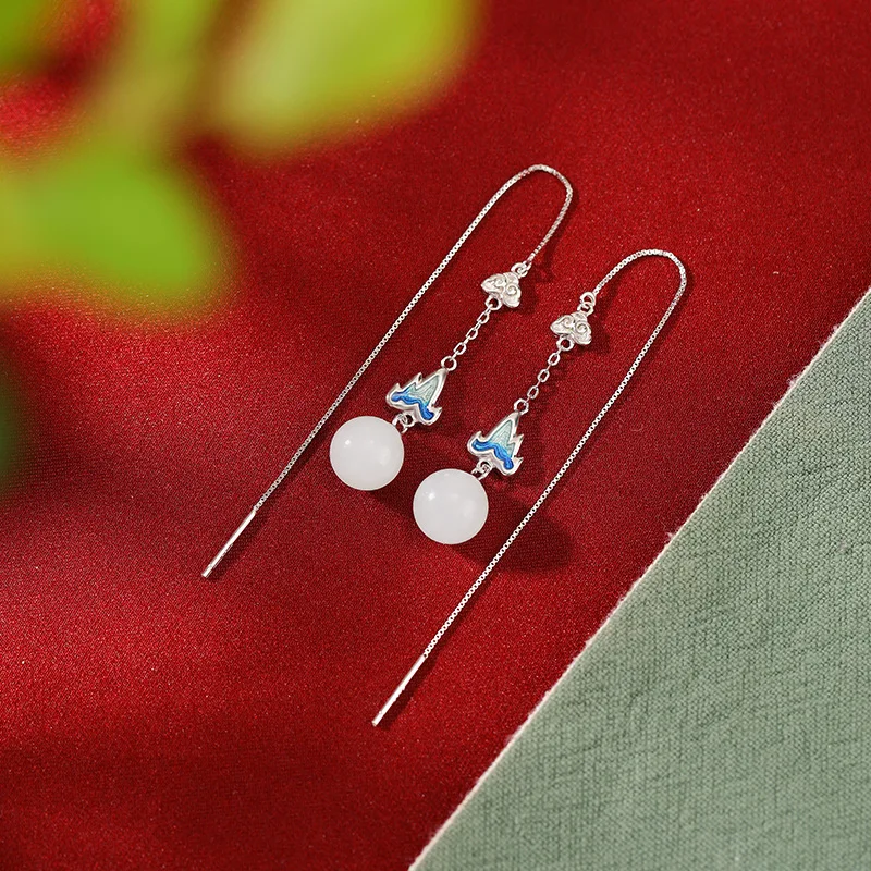 S925 Silver Hetian White Jade Cloisonn High Mountain Round Bead Ear Thread Earrings In Style
