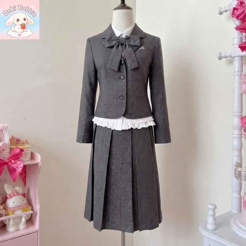 Harajuku Korean Fashion Women 3 Piece Set Bowknot Wool Coat + Lace Ruffle Blouse + Pleated Skirt Daily Gothic Lolita Y2k Outfits