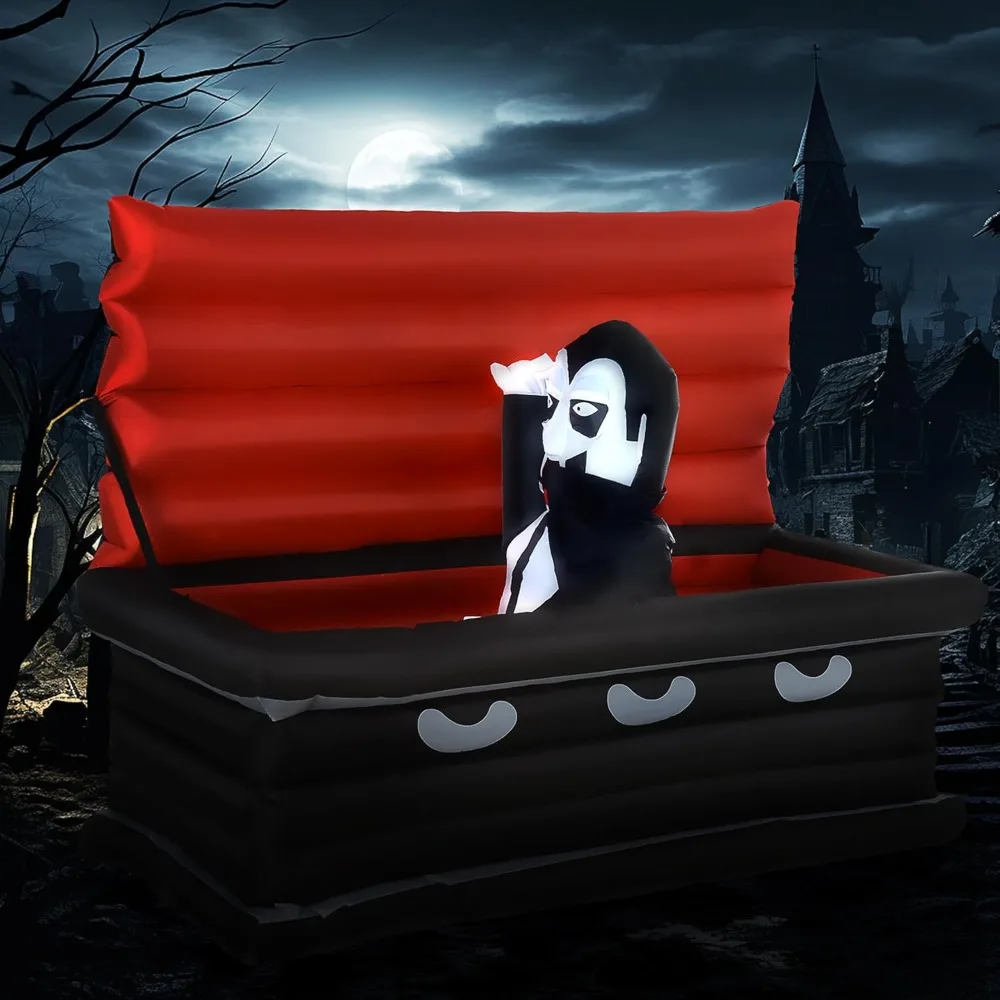 

6FT W Halloween Inflatables Outdoor Decorations Vampire and Giant Coffin, Blow Up LED Yard Decor, for Garden, Lawn, Party