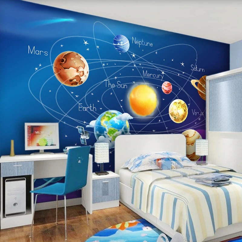 Custom Mural Wallpaper 3D Cartoon Planet Solar System Photo Wallpaper Kids Room Bedroom Wall Painting Living Room Wall Paper