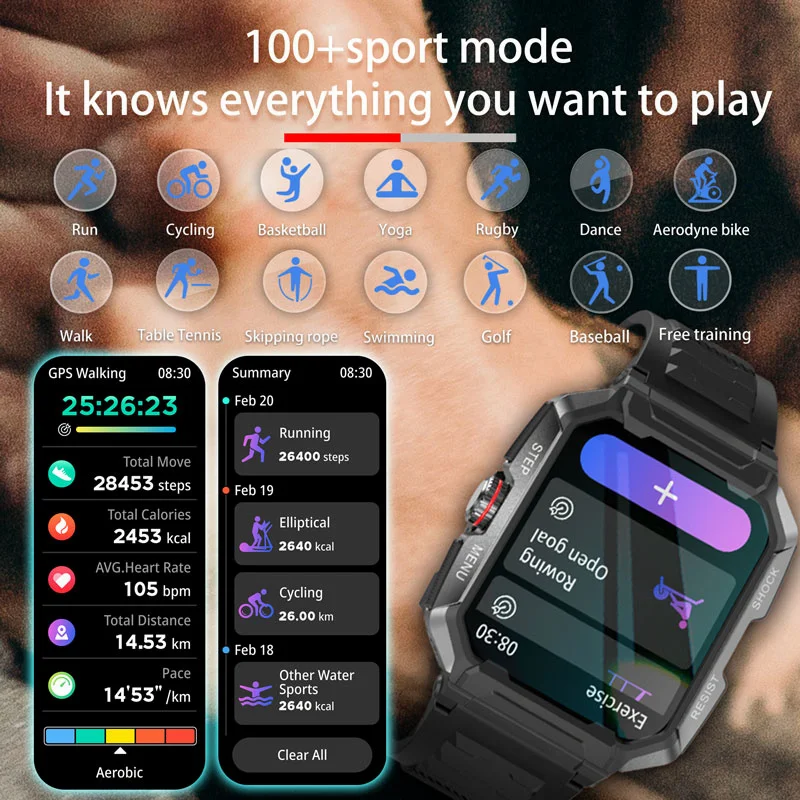 Montre connectée pour Xiaomi et android Ios, bracelet électronique robuste, style militaire, étanche Ip68, appels Bluetooth, 2023 pouces, Fitness,