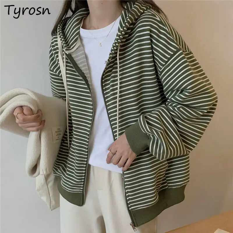 Hoodies Women Loose Design Fashion Students Tender Striped Leisure All-match Spring Vintage Korean Style Sporty Elegant Simple