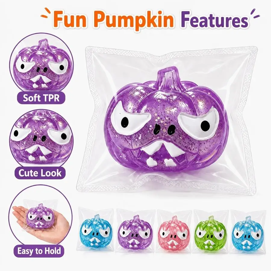 1/5/10/20/50/100pcs Halloween Pumpkin Squeeze Toy, Christmas Small Gift Random Color TPR Squishy Toy, Individually Packed in PVC