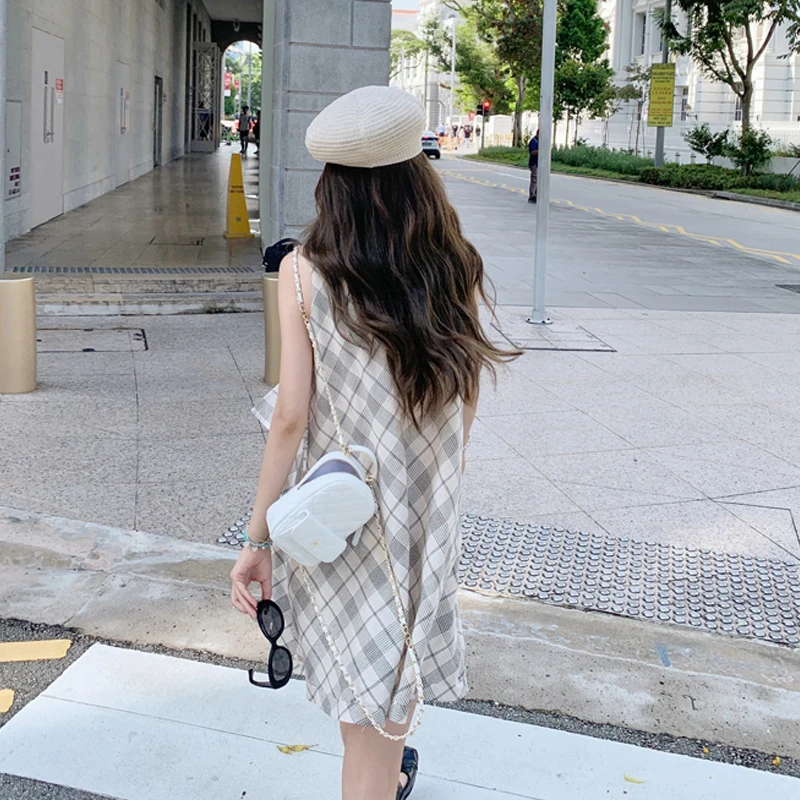 Abito a quadri stile street alla moda coreana Nuove donne Colletto alla marinara Abito a canotta senza maniche allentato Abbigliamento casual chic da strada