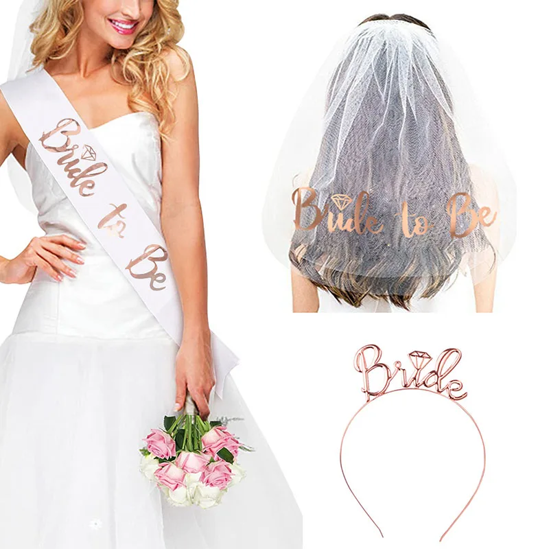 Wedding Decorations Bride to Be Decoration Party Supplies Team Bride Satin Sash Shoulder Strap Veil Headband Set Just Married