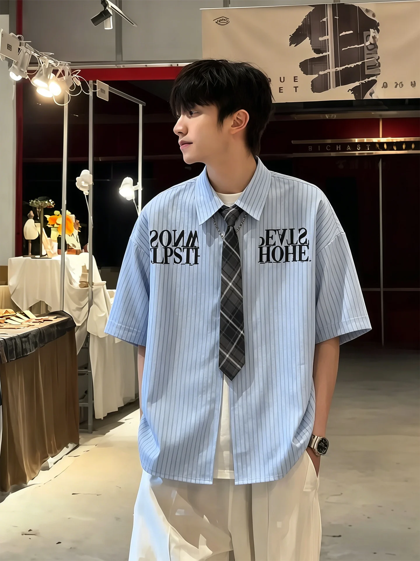 

Lightweight Bubble DK Men's Summer Thin American College Style Texture Ice Silk Shirt Loose Fit Printed Polyester Fiber
