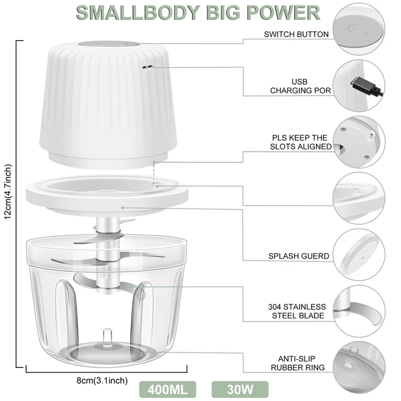 M12K-2X 400 مل مفرمة ثوم كهربائية، 6 شفرات مطحنة ثوم مفرمة خضروات صغيرة، مفرمة خضروات محمولة بمنفذ USB