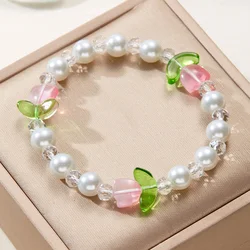 Sweet Vintage Imitation Pearl Lily Tulip Flower Bracelets For Women Elegant Candy Color Resin Floral Elastic Bracelet Jewelry