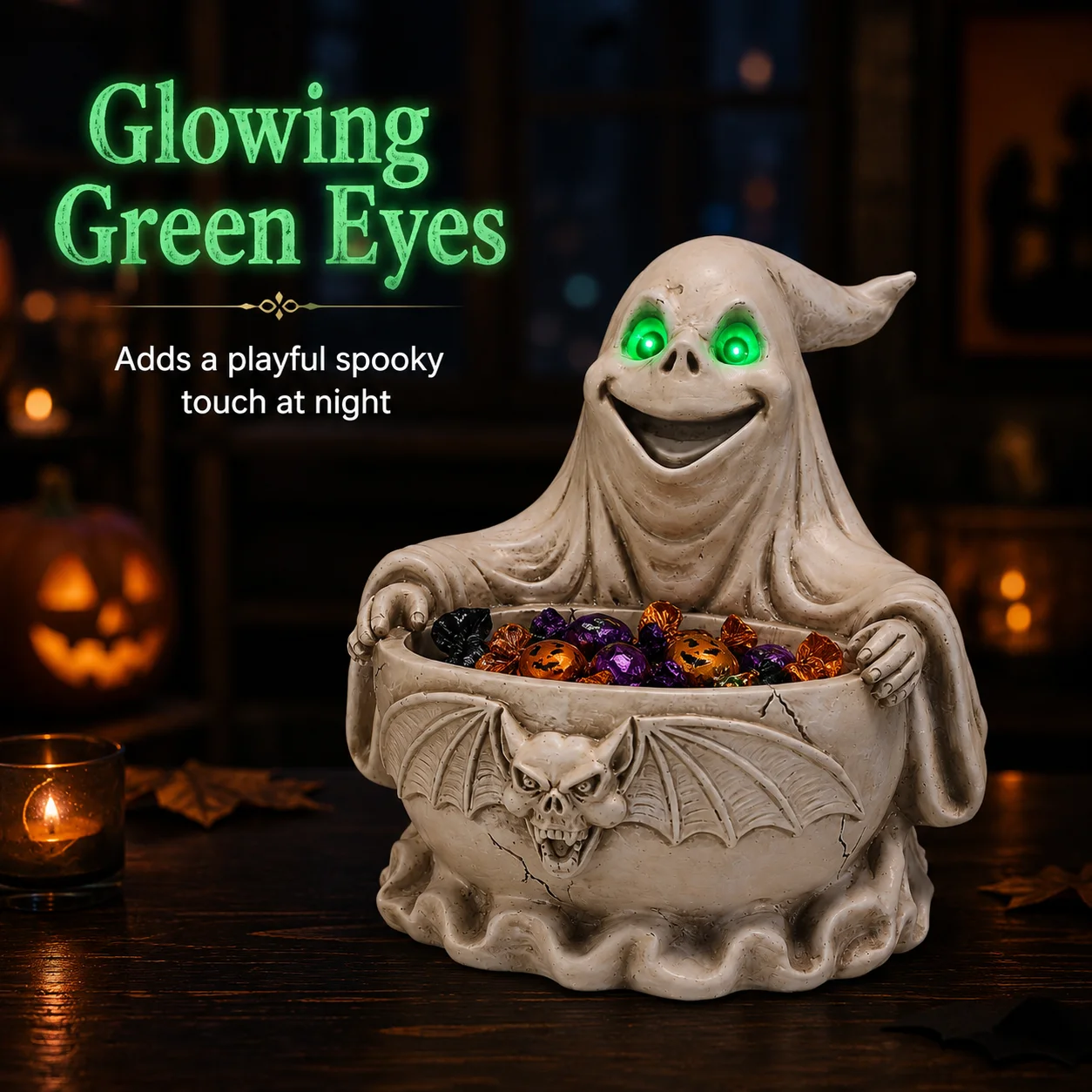 Halloween Ghost Candy Bowl LED Light Up Spooky Candy Dish Resin Tabletop Decoration Treat Holder for Halloween Party Home Decor