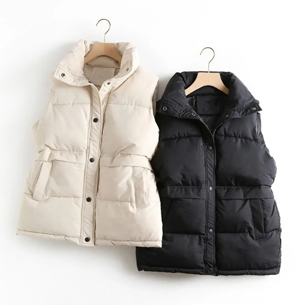 Press Button Closure Coat Stylish Women's Winter Coat with Pockets Stand Collar Sleeveless Outdoor Down Waistcoat for Leisure