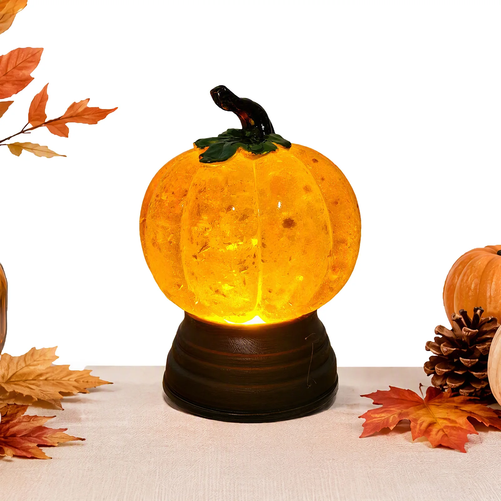Pumpkin Snow Globe with Glitter Gold Flakes LED Warm Light Fall Halloween Home Decor
