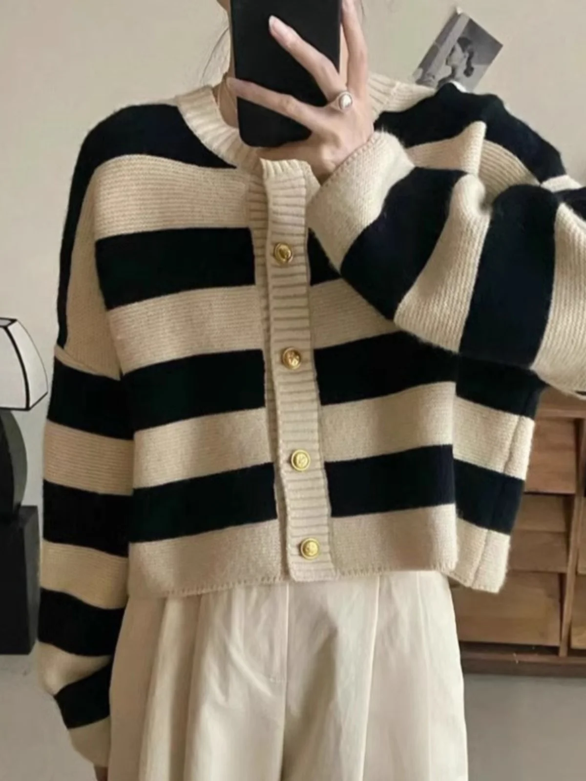 

Loose Lazy Sle Retro Thiened Striped Color Blo Knitwear Casual Versatile round Ne Long Sve Sweater Coat for Women