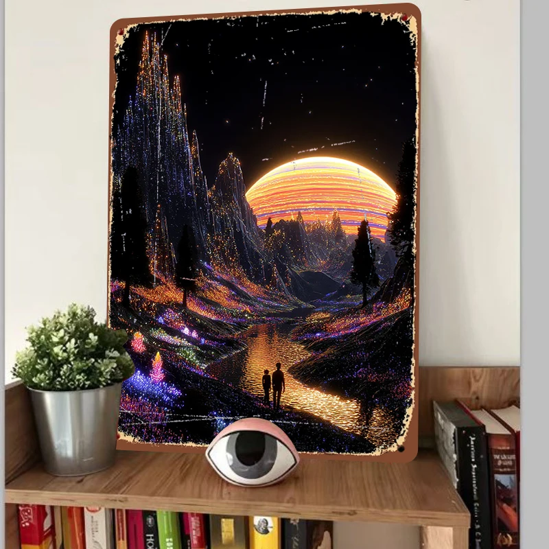 Dreamy Alien Night View Glowing Mountain Planet Landscape Metal Iron Painting Home Decor Wall Art