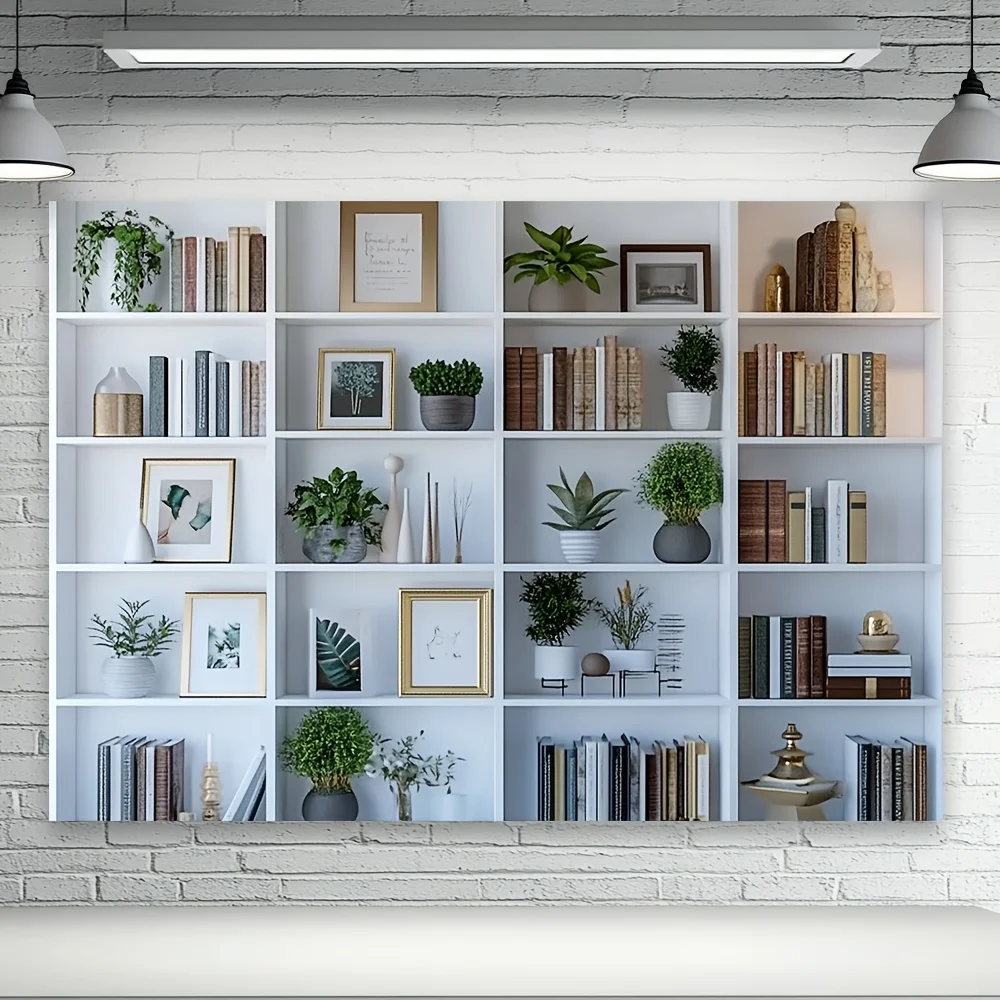 Ein weißes Bücherregal im Landhausstil, ein elegantes Hintergrundtuch für die Fotografie, geeignet für Hochzeiten und Geburtstage