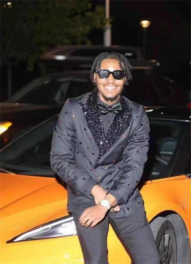 럭셔리 크리스탈 남성 정장 세트 2피스 블레이저+바지 블랙 가을 웨딩 턱시도 포멀 오피스 재킷 프롬 코트 맞춤 제작