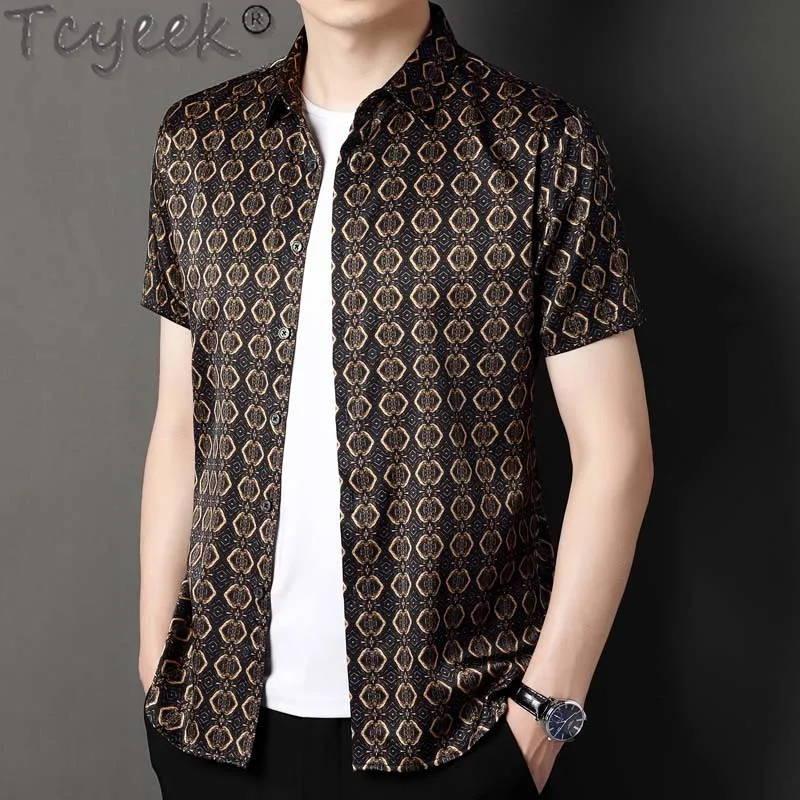 

Tcyeek 90.8% Mulberry Silk Shirt Men Summer Clothes Thin Style Short Sleeve Top Business Casual Tops High-end Mens Shirts Print