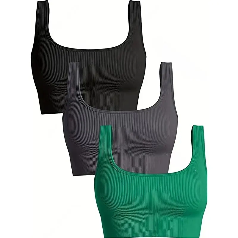 Yoga Basic Seamless Breathable 3pcs Ribbed Knit Solid Sports Bra