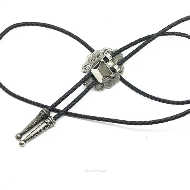 X5XA Mens American Bolo Tie Necktie Handmade Antique Crystal Jewelry Cowboy Pendant Artificial Leather Rope Western Necklace