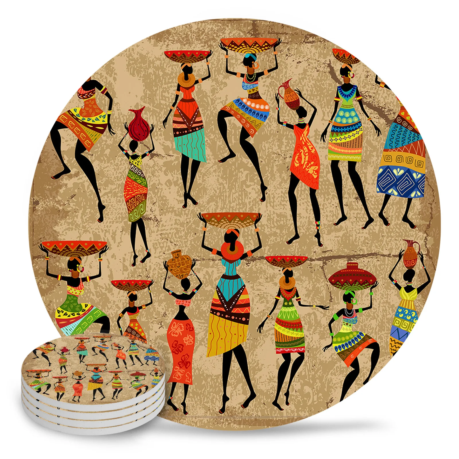 Ethnic Style African Women Black Women Round Coaster Coffee Table Mats Kitchen Accessories Absorbent Ceramic Coasters