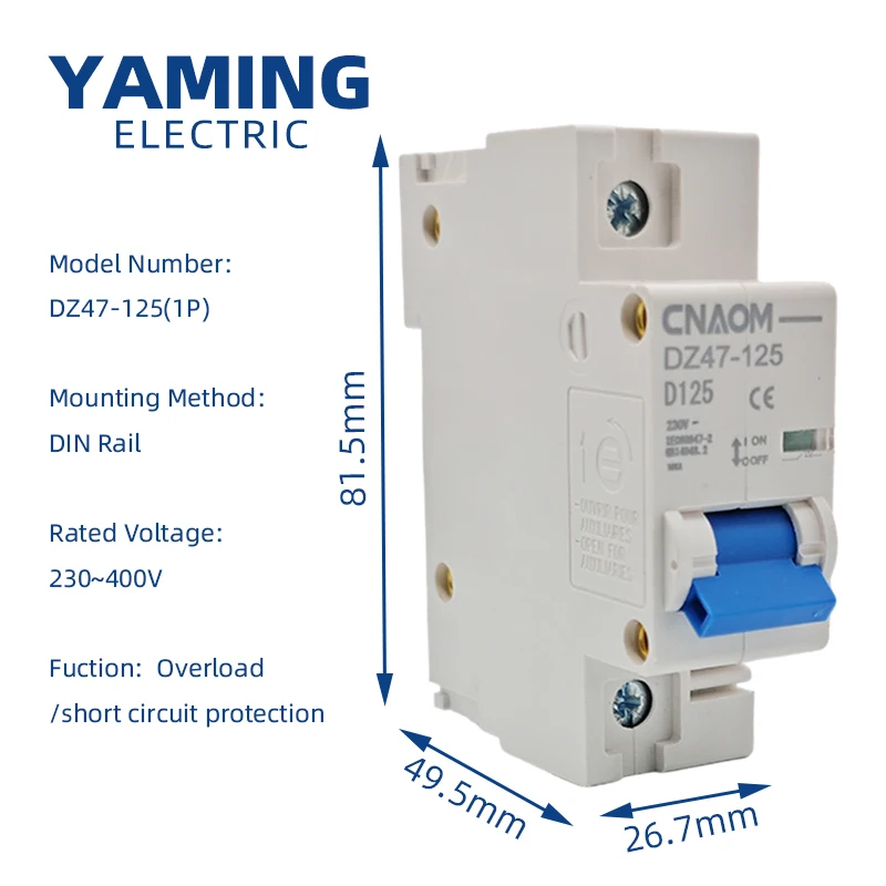 DZ47-125 D Type C45 Mini Circuit Breaker Air Disconnect Switch MCB 1P 80A/100A/125A Miniature 230V AC Single Pole ON-OFF