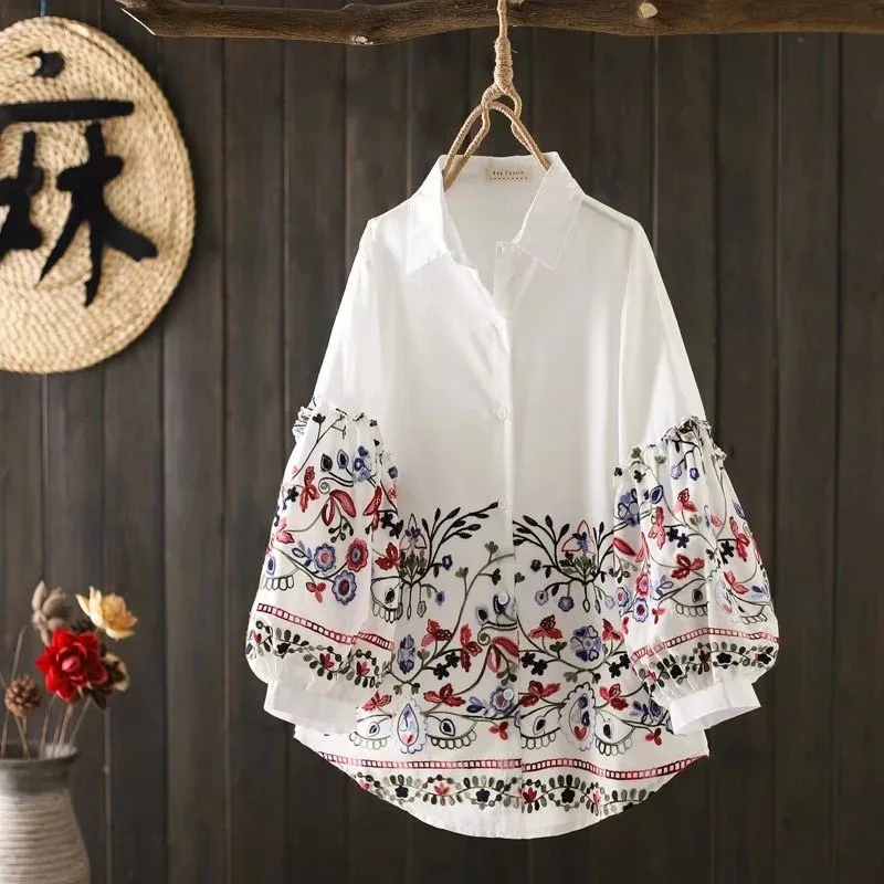 Bohemian Ethnic Shirts & Blouses Women Mexican Style Ethnic 100% Cotton Long Sleeve Embroidered Blouses Gypsy Tops