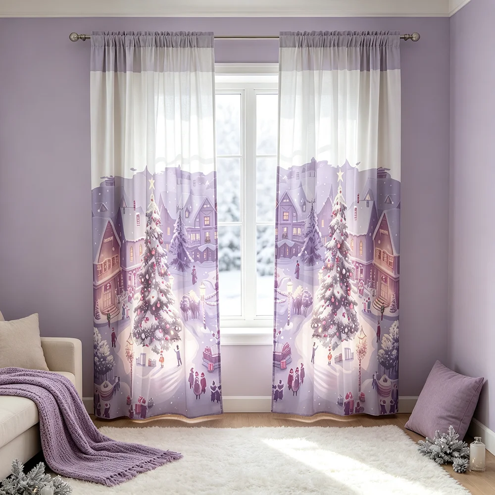 2PCS Christmas Winter Dreamy Village Print Curtains, Bedroom Living Room Window Drapes, Rod Pocket Polyester, Home Decor