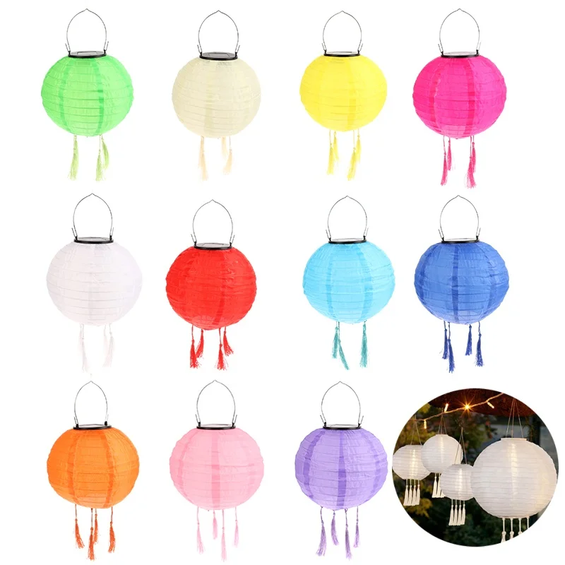 

8 Inch Waterproof Solar Chinese Lantern Cloth Hanging Lamp Outdoor Festival Wedding Birthday Party Garden Hanging Lamp Decor