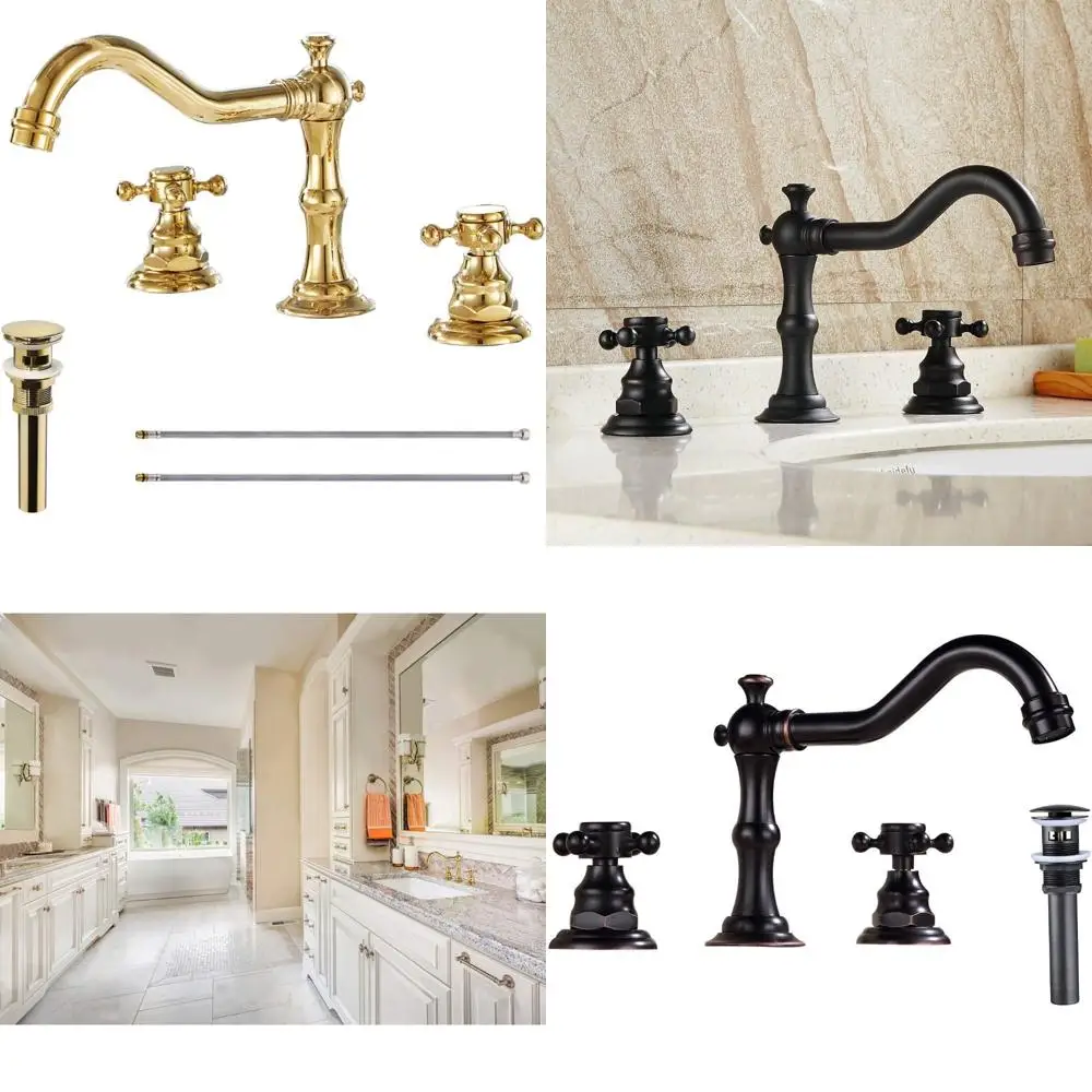 

Double Handle Gold Bathroom Sink Faucet, 8-16 Inches Adjustable, Three Hole Mixer Tap with Metal Pop-Up Drain for Two Basins