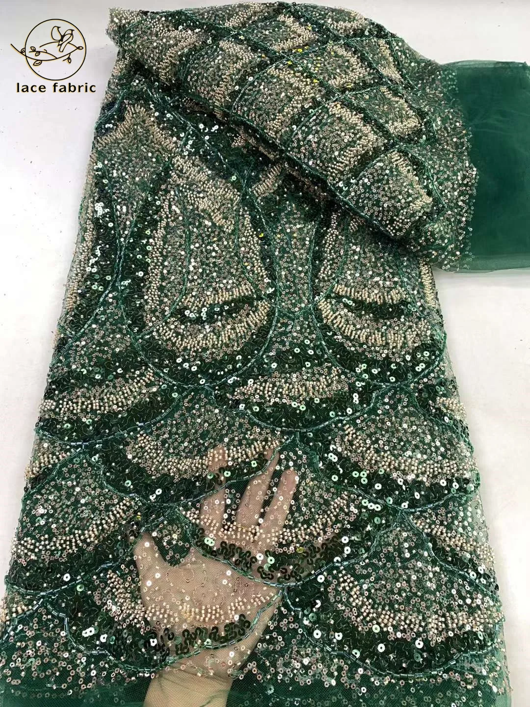 Green French Mesh Beaded Embroidery Lace Fabric African Luxury Sequins Lace Fabric Nigerian For Bridal Wedding Dresses Sewing