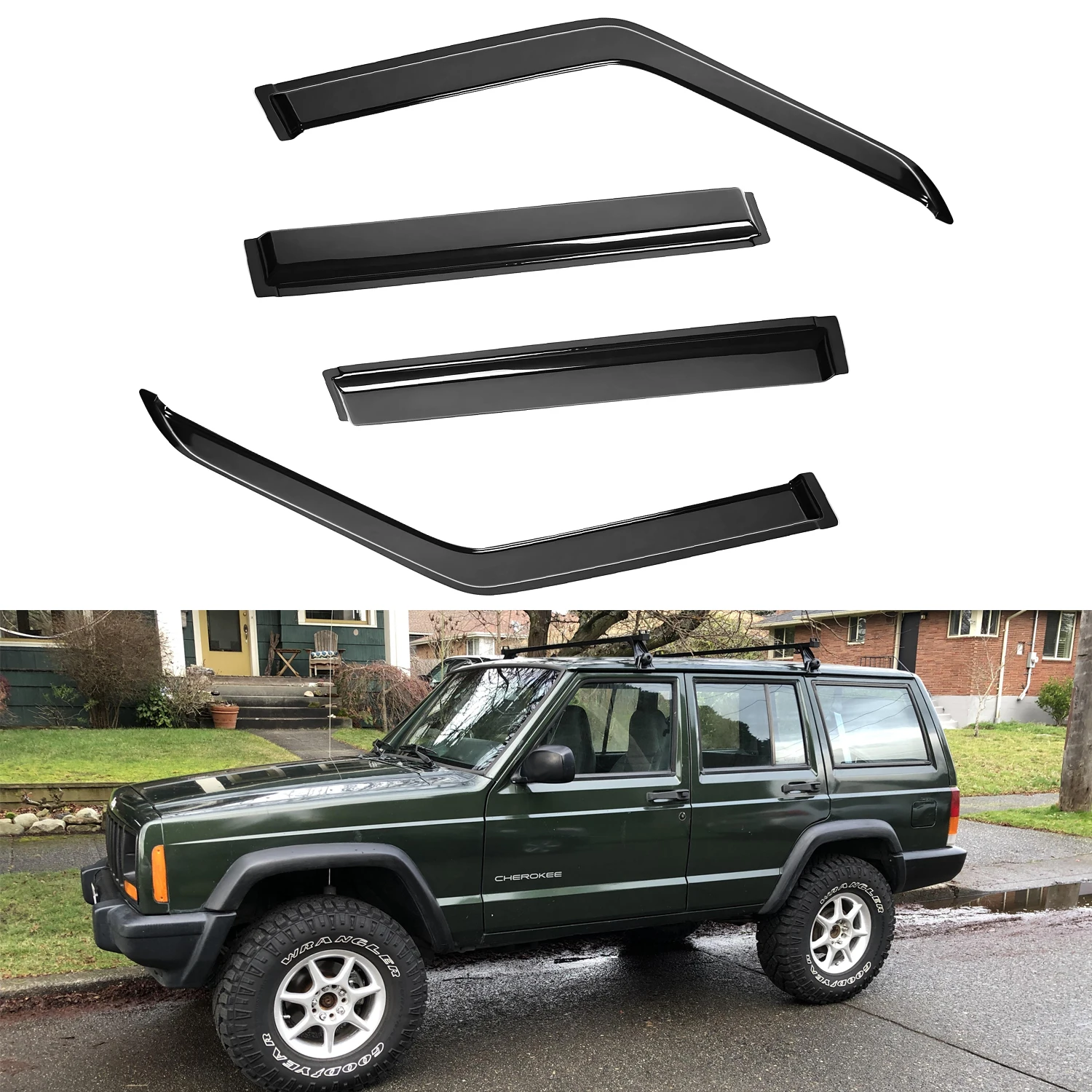 

For Jeep Cherokee XJ 4-Door 1984-2001 Tinted Wind Deflectors External Mount 4pcs Set Window Visor Sun Rain Vent Guards No Drip Rail 1.5MM Thick