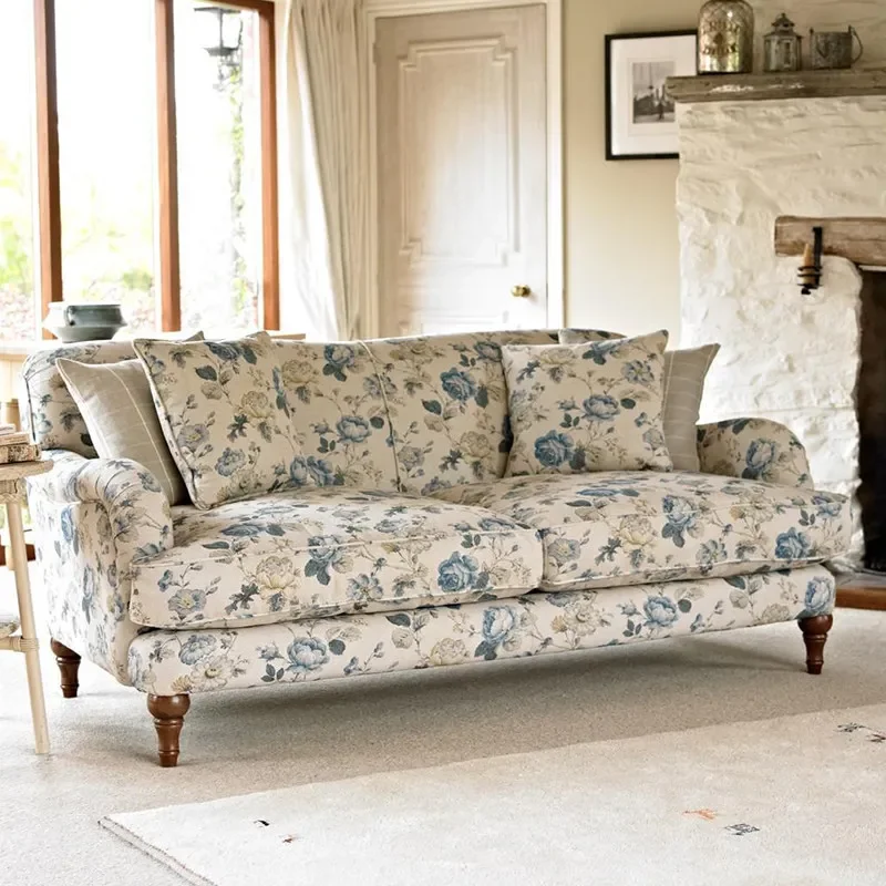 Xx French retro sofa living room printed fabric sofa straight row three-person sofa