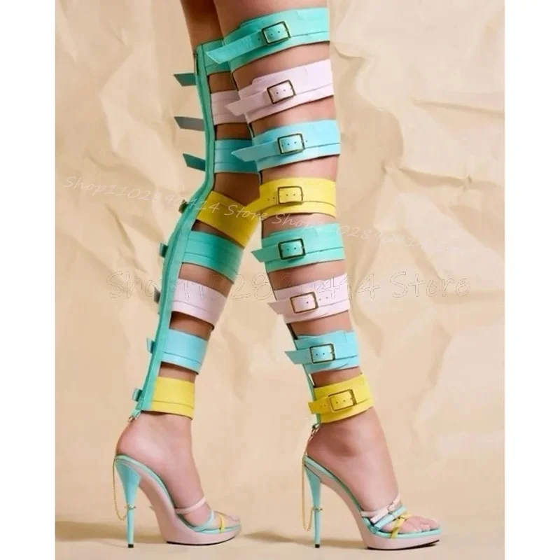

Mixed Color Hollow Design Buckle Decor Sandals Boots Back Zipper Women Shoes Thin High Heels Open Toe 2025 Zapatos Para Mujere