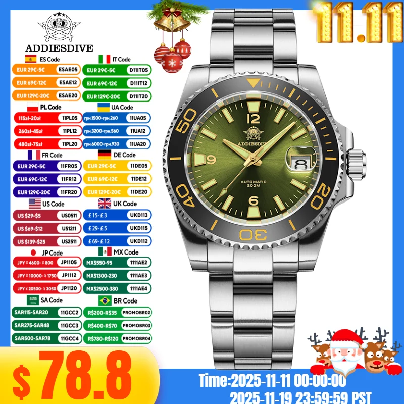 

ADDIESDIVE AD2505 TOP Automatic Mechanical Watch 8215 Movement Sapphire Glass BGW9 Luminous Reloj 200M Waterproof Watch For Men