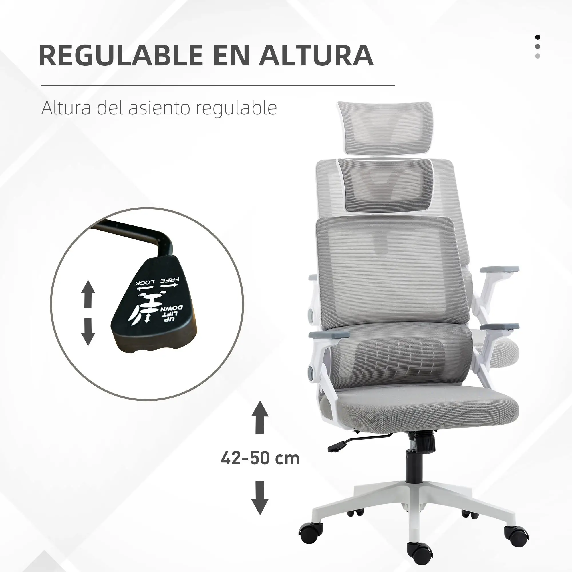 Chaise de bureau 60x61x121,5 cm avec appui-tête, support lombaire réglable en hauteur, gris, vérin à gaz, 120 kg, mobilier de bureau en mesh