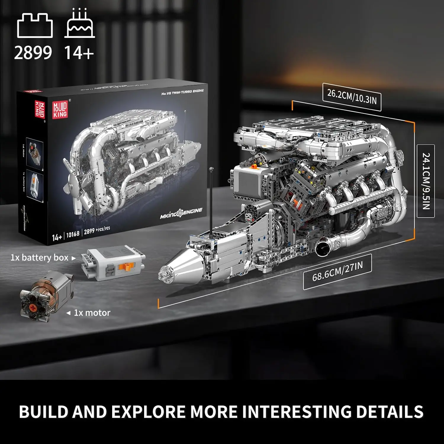 10168 Mould King 2899PCS Kit modello motore V8 Twin-Turbo - Set di blocchi di costruzione con supporto batteria e motore, giocattolo STEM per adulti/bambini
