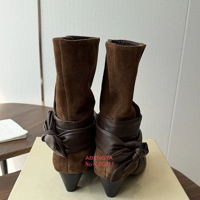 2026 Winter New Leather Middle Boots For Women Pointy Toe Suede Short Ankle Boots Designer Casual Party Chelsea Boots For Women