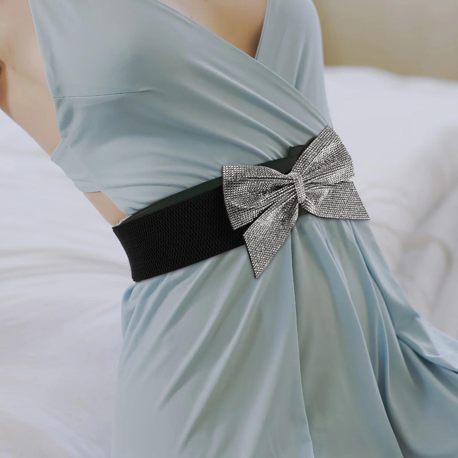 حزام خصر بفيونكة من حجر الراين أنيق ومطاط وحزام خصر عريض وإكسسوار لحفلات الزفاف وحزام رسمي للنساء #4
