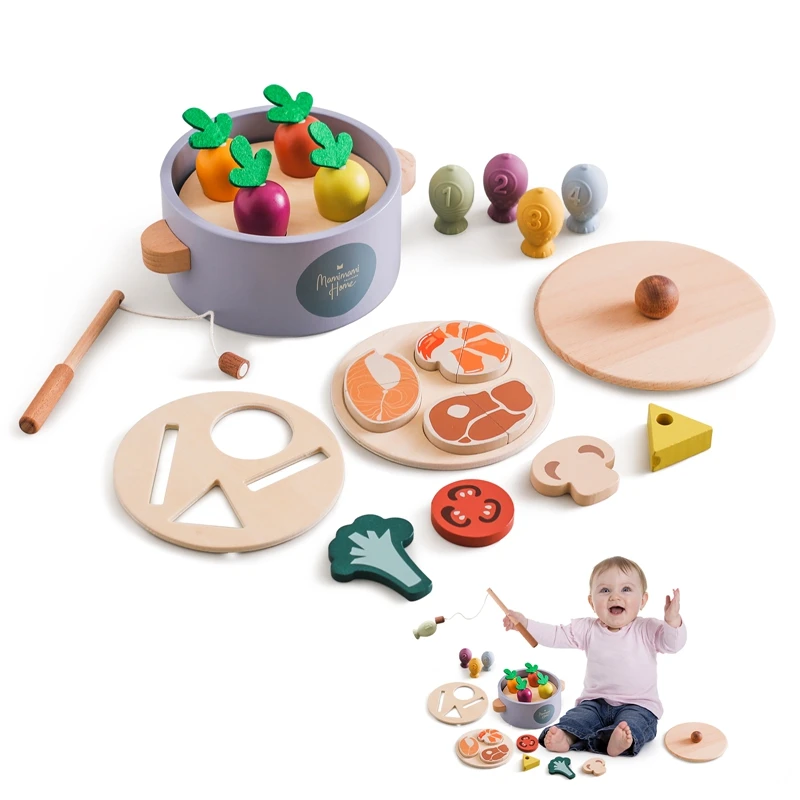 

Montessori Toy Wooden Pluck Carrots Shape Paired Multifunctional Pot Toy Children Puzzle Play House Fishing Stir Frying Toy Gift