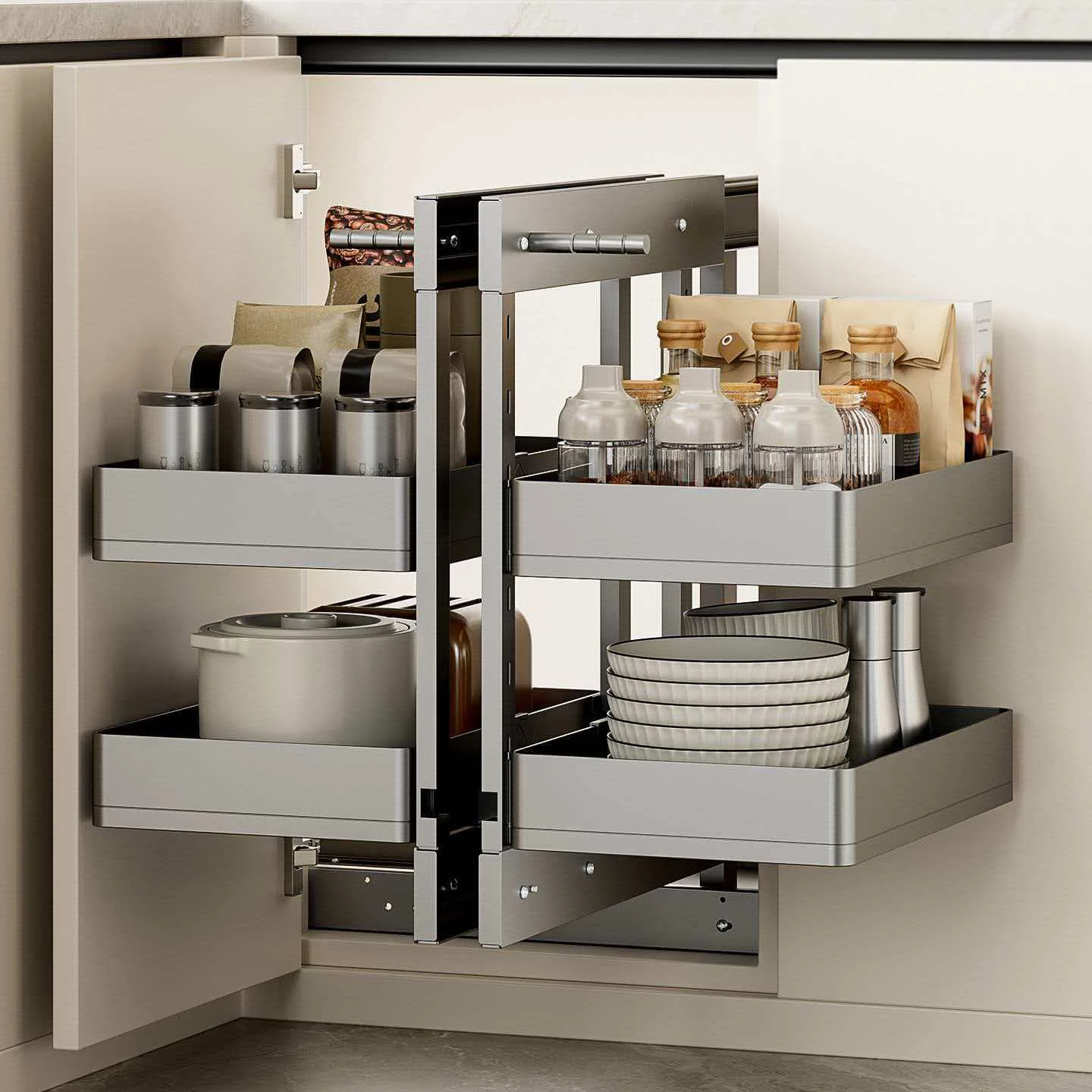 Corner pull basket full pull out little monster cabinet corner storage rack large capacity pot basket all aluminum double
