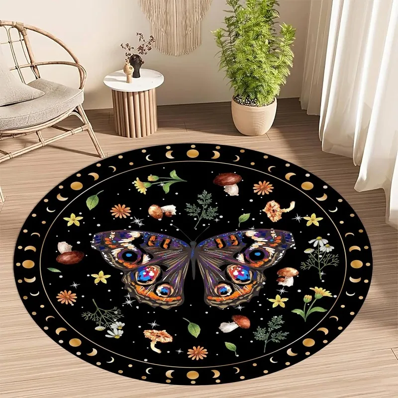 Schmetterlings-Themen-Druck, runder Teppich, Bohemian-Stil, Retro-Heimdekoration, Teppich, weiche, rutschfeste Wald-Fußmatte für Wohnzimmer, Schlafzimmer, Flur