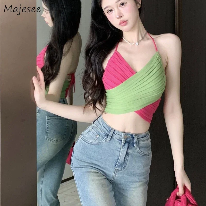 Camis Women Neck-mounted Criss-Cross Knitted Sweet Sexy Girls Backless All-match Korean Trendy Chic Crop Tops Slim Fit Summer