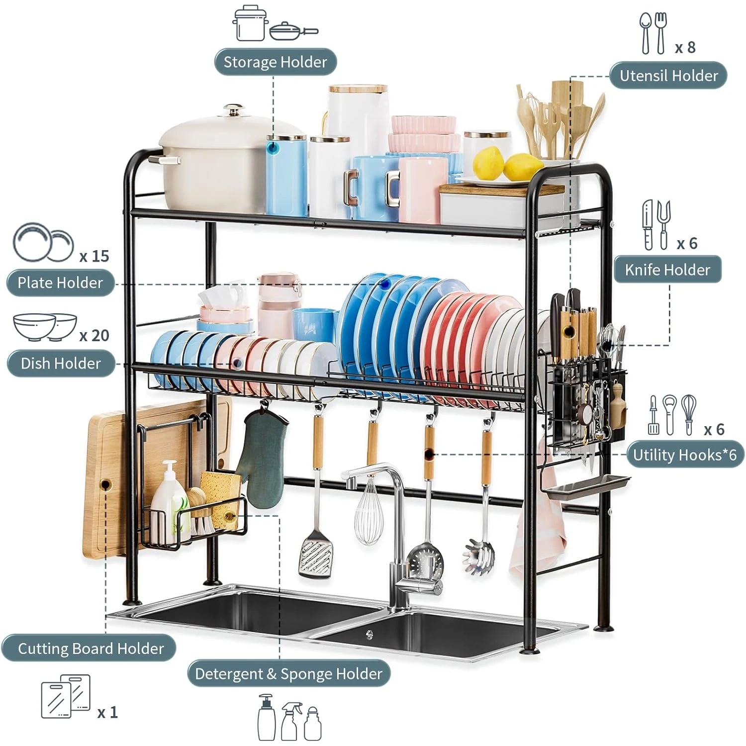 Large Over The Sink Dish Drying Rack,Over Sink Dish Rack with Utensil Holder,Dishes Drainer for  Counter Kitchen Organizer Metal