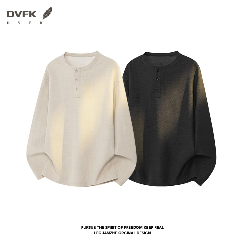 Mens Three Quarter Sleeve Henley T Shirt Linen Texture Half Button Loose Fit Lightweight Blouse - view 5