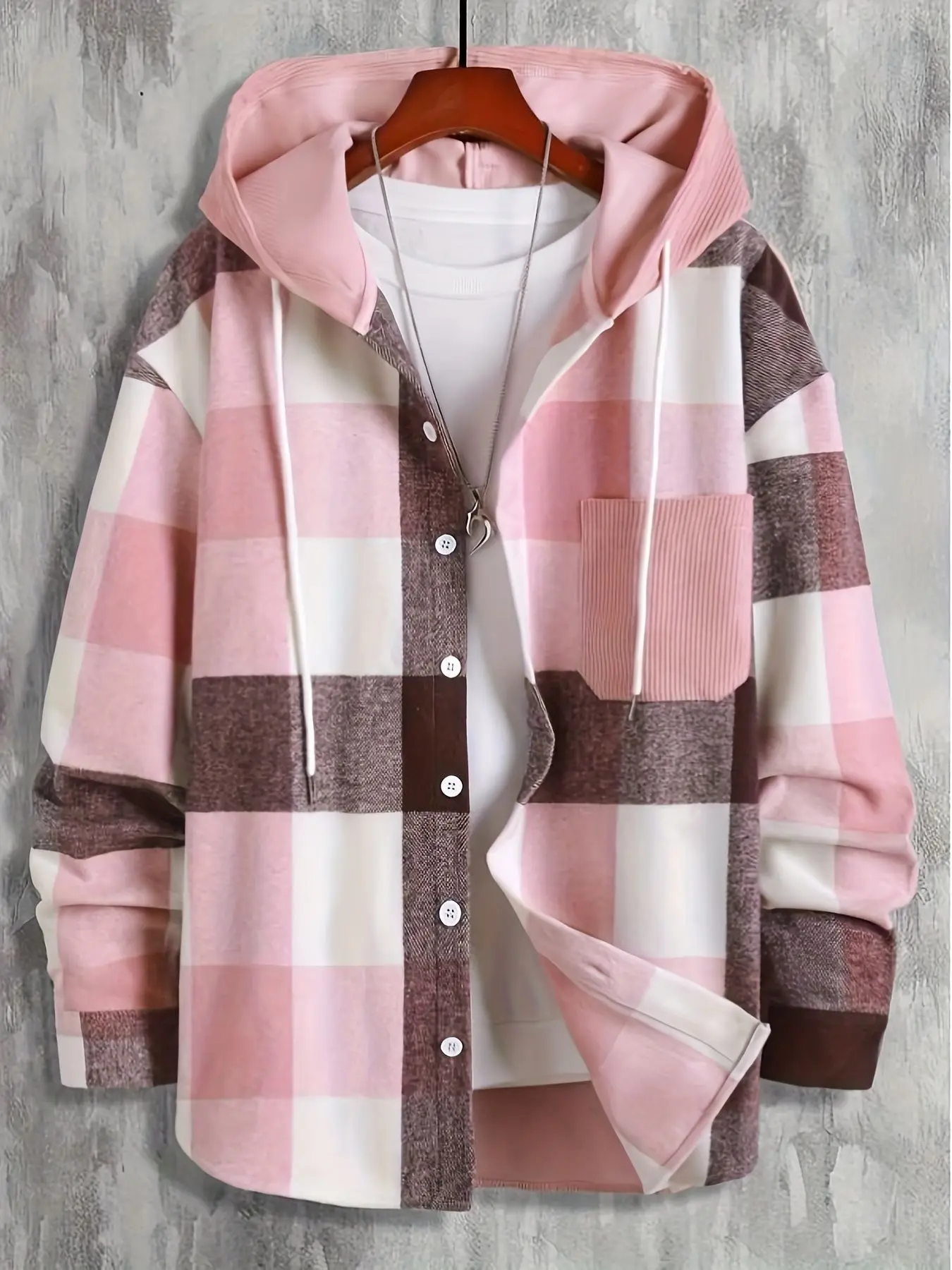 Thick exterior color blocked checkered hooded shirt