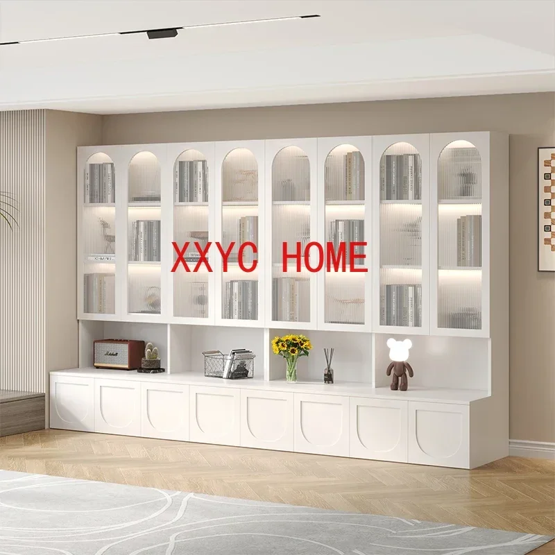 Living Room Bookcase with Glass Door Entire Wall to Top Light Luxury High-End Free Combination Grid Cabinet