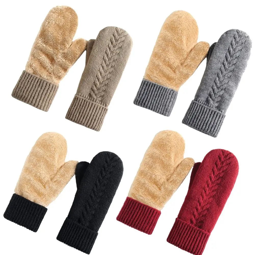 Comfort Fit Double Layer Thickened Knitted Gloves Solid Color Interior Warm Cover Gloves Soft All Fingers Gloves Outdoor Use