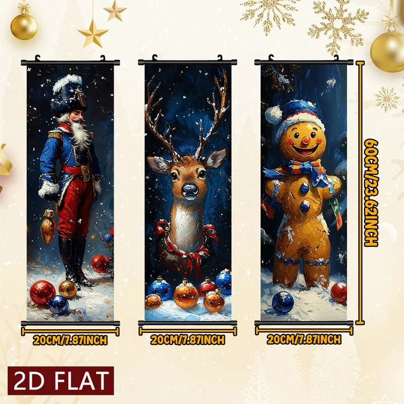 VIKAMA 3PCS Christmas Hanging Banner Set, Santa Reindeer Snowman Night Wall Tapestry for Xmas Bedroom Decor