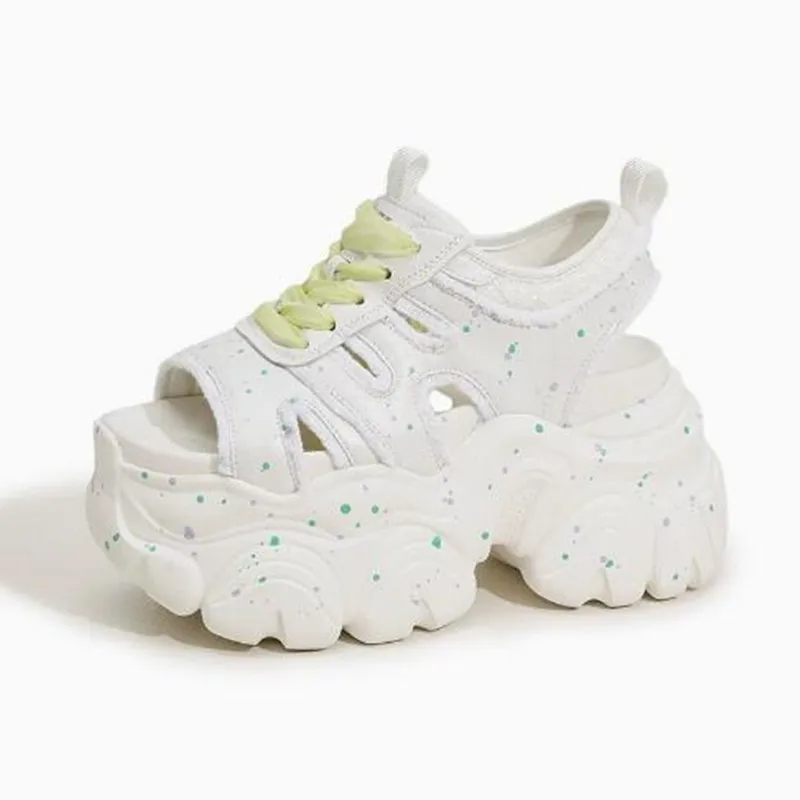 

10cm New Fashion Synthetic Microfiber Leather Hollow Platform Wedge Women Sandals Flats Chunky Sneakers Peep Toe High Brand Shoe